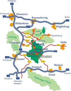 De kaart van Seeburg, Gottingen en Dudestadt. De regio van boerencamping duitsland